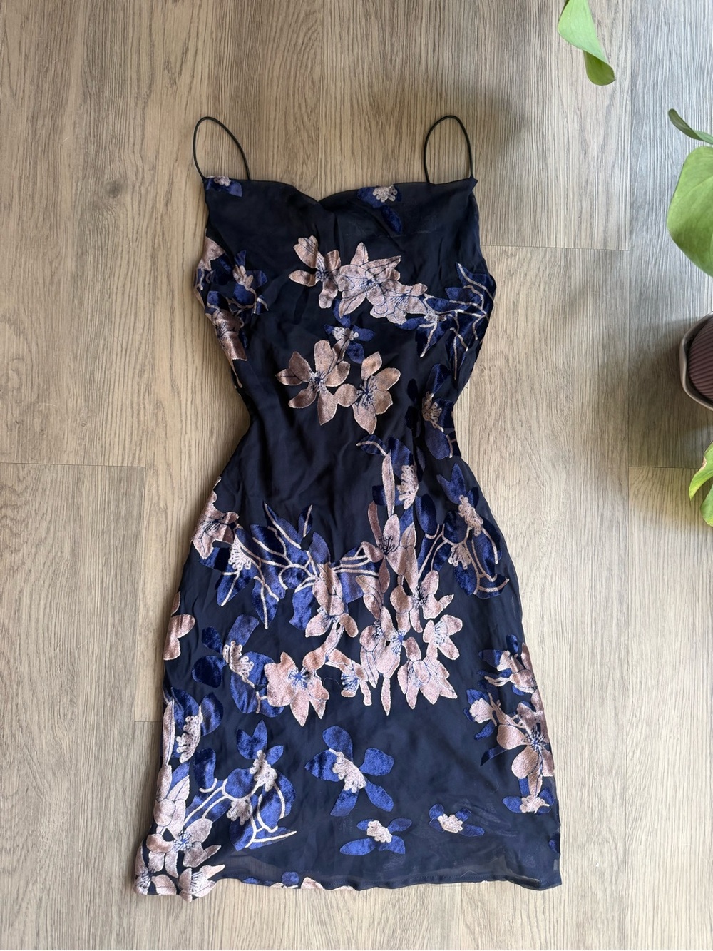 Rosebullet Navy Slip Dress with Pink Floral Embroidery